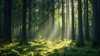 Obraz premium Sunlight streams through misty forest