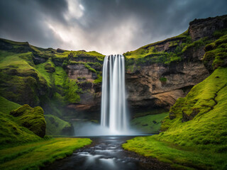 Obraz premium waterfall in iceland. waterfall, water, nature, river, cascade, landscape, rock, fall, stream, falls, forest, mountain, mountains, green, park, travel, iceland, rocks, summer, flow, beautiful, natural