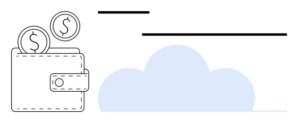Minimal design of a wallet with coins next to a cloud, conveying cloud money storage. Ideal for finance, savings, digital payment, cloud technology, fintech, budgeting, investment flat simple