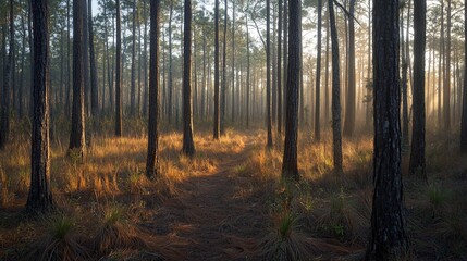Sunlit Pine Forest Path at Dawn
