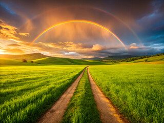 Obraz premium rainbow over field. rainbow, sky, landscape, field, nature, clouds, grass, meadow, rain, storm, green, cloud, summer, road, blue, countryside, sun, weather, spring, farm, view, tree, beautiful, rural,