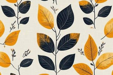 Elegant Yellow and Black Botanical Pattern on Light Cream Background