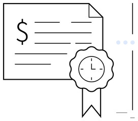 Financial paper with currency sign and approval badge featuring clock icon. Ideal for finance, contracts, agreements, certification, time management, official documents, flat simple metaphor