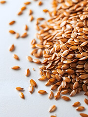 Obraz premium Golden Brown Flaxseeds Scattered on a White Surface