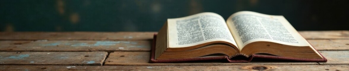 Obraz premium Weathered wooden table with open book lying on its surface, books, old book, papers