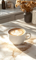Obraz premium Morning Light Cascading Over a Fresh Cup of Latte Art Coffee