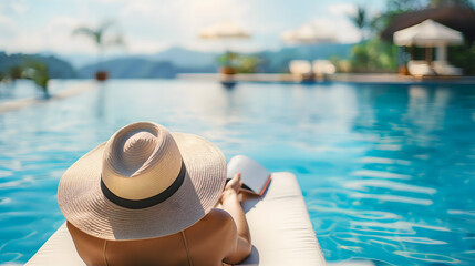 Obraz premium Woman Relaxing on a Sun Lounger by the Poolside