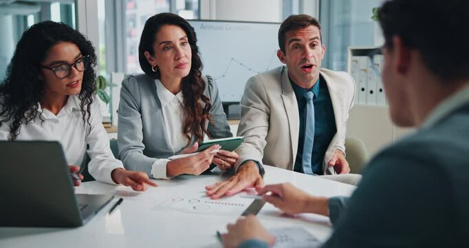 Team, advisor and workshop with business people in meeting for admin, investment stats and analysis. Feedback, partnership and data report with employees in office for revenue profit and planning
