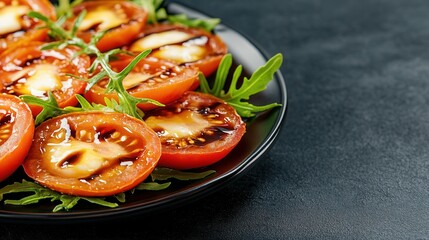 Vibrant plate of fresh tomatoes and greens arranged artfully for a healthy meal featuring organic ingredients and colors