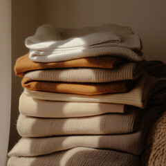 A stack of neatly folded thrifted clothes, warm aesthetic and soft shadows