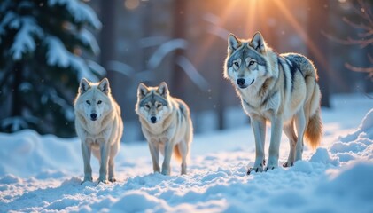 Wolf pack in winter landscape, silhouetted, forest, hunting