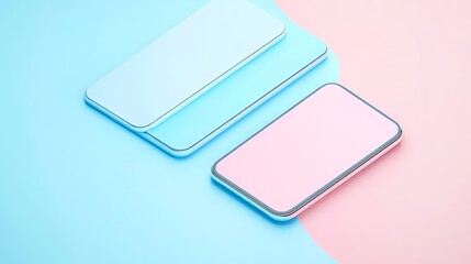 Two Modern Smartphones Lie on a Pastel Colored Background, Featuring Blue and Pink Sections in Creative Layout