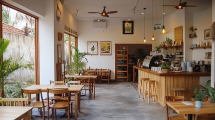 Inviting ambiance of a cafe with natural wooden furniture and green plants