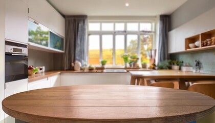 Elegant Round Kitchen Table Staged Amidst a Dreamy Blur of Kitchenware, Furniture, and Window Interior Scenery, Exuding a Cozy and Inviting Ambiance in a Chic Modern Space.