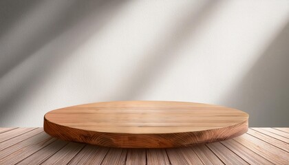 Striking Minimalist Wooden Tabletop Against an Abstract Shadow Play on a White Canvas, Embracing the Beauty of Simplicity and Sophistication for Modern Design