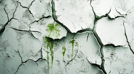Close Up Of Cracked Grey White Wall With Green Moss Dripping