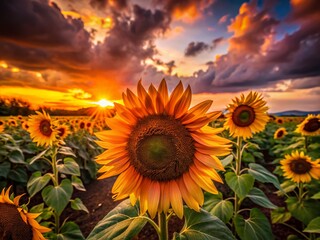 Obraz premium Golden Hour Sunflowers: Dramatic Sunset Field Photography