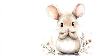 A watercolor painting portrays an adorable little fluffy bunny rabbit