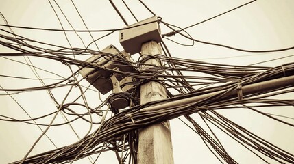 Tangled Wires on Utility Pole, Urban Scene