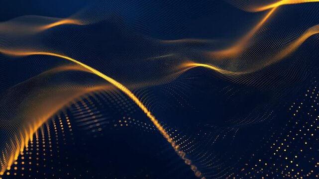 sleek futuristic animation featuring undulating waves dark blue golden hues seamlessly integrating high tech elements abstract motion design