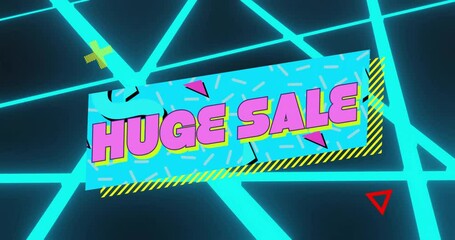 Colorful geometric shapes with huge sale text over neon blue lines animation - Powered by Adobe