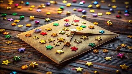 Fototapeta premium Golden Star Envelope & Colorful Buttons - Low Light Still Life Photography