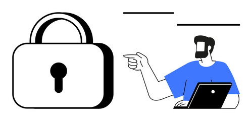 Man with beard holding laptop, pointing at large padlock. Ideal for cybersecurity, data protection, privacy, digital security, online safety, confidential information digital lock. Abstract line