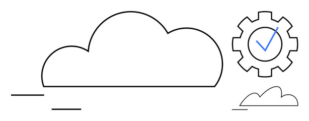 Large cloud icon with gear featuring a check mark, smaller cloud, and motion lines. Ideal for technology, cloud services, efficiency, validation, performance, innovation and connectivity flat simple
