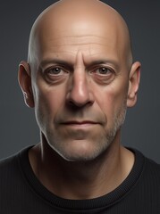 A bald, middle-aged man with subtle stubble and visible lines on his face gazes intently at the camera against a neutral background in a close-up portrait.