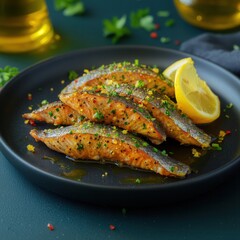 Exquisite plate of grilled fish garnished with fresh lemon slices ready to delight your taste buds with flavorful taste