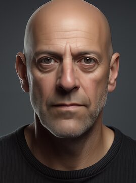 A bald, middle-aged man with subtle stubble and visible lines on his face gazes intently at the camera against a neutral background in a close-up portrait.