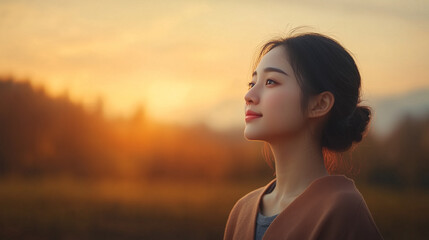 serene woman gazes at sunset, surrounded by nature beauty.