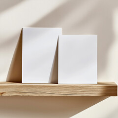 Naklejka premium Blank mock up cards on a wooden shelf