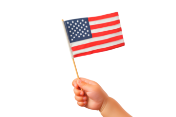 Baby hand holding American flag isolated on transparent background