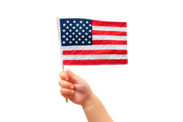 Baby hand holding American flag isolated on transparent background