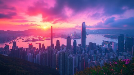 Fototapeta premium Vibrant Sunrise over City Skyline