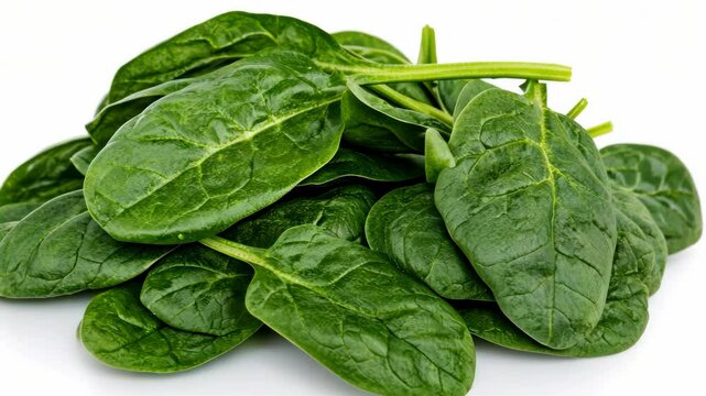 Fresh spinach leaves gathered together on a white background for healthy meal preparation and cooking