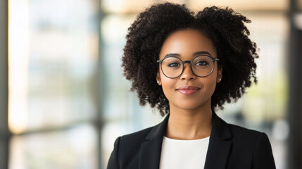 Confident young businesswoman with curly hair and glasses in office.