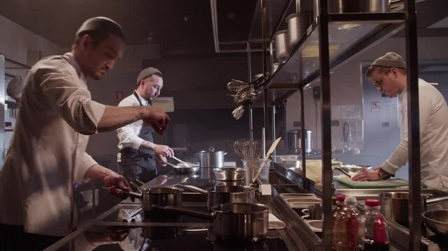 Male cooks working at kitchen counter and preparing food