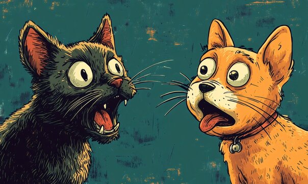 Two surprised pets, a cat and a dog, are making funny faces with big eyes and open mouths, celebrating april fools' day