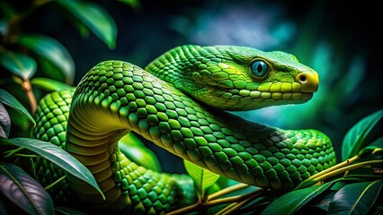 Fototapeta premium Green Mamba Snake in Tree at Night - Low Light Wildlife Photography