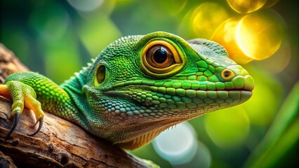 Fototapeta premium Green Lizard with Yellow Eyes Perched on Tree Branch - Stock Photo
