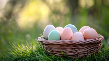 Fototapeta premium A basket of pastel eggs resting on a bed of grass