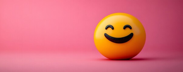 Fototapeta premium 3d rendering of a cheerful yellow emoji with closed eyes and a wide smile, conveying happiness and joy on a vibrant pink backdrop