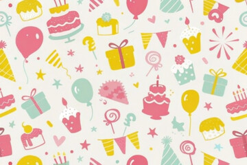 Seamless pattern with birthday party elements cakes, balloons, gifts, candies, and party hats.