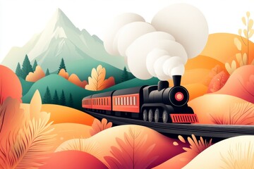 A vibrant digital illustration of a steam train crossing a vibrant countryside, with exaggerated smoke trails forming whimsical patterns in the air