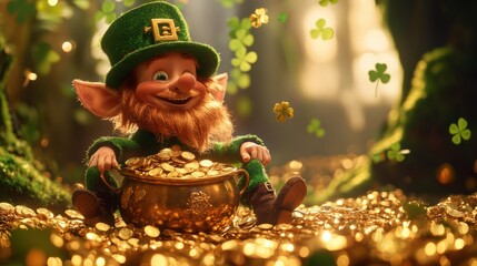 Smiling Leprechaun Amidst a Pile of Gold Coins in a Magical Forest