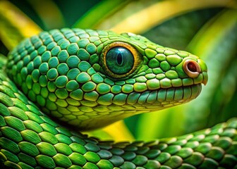 Fototapeta premium Green Tree Snake Macro Photography: Emerald Scales in Tropical Rainforest