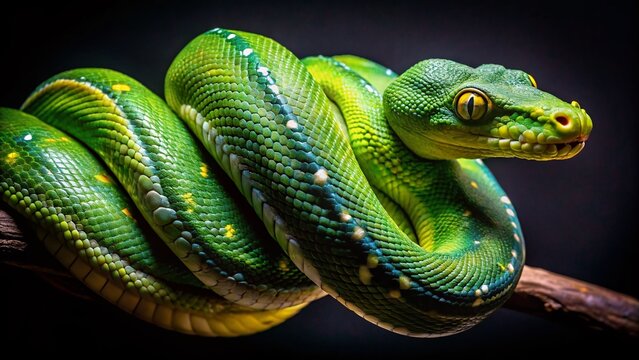 Green Tree Python Ready to Strike: Close-up Surreal Image of Chondropython Viridis on Branch