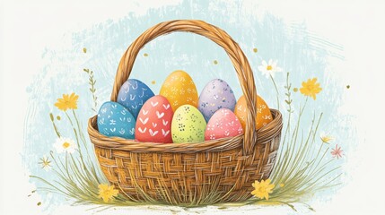 A card with a hand-drawn basket filled with colorful eggs
